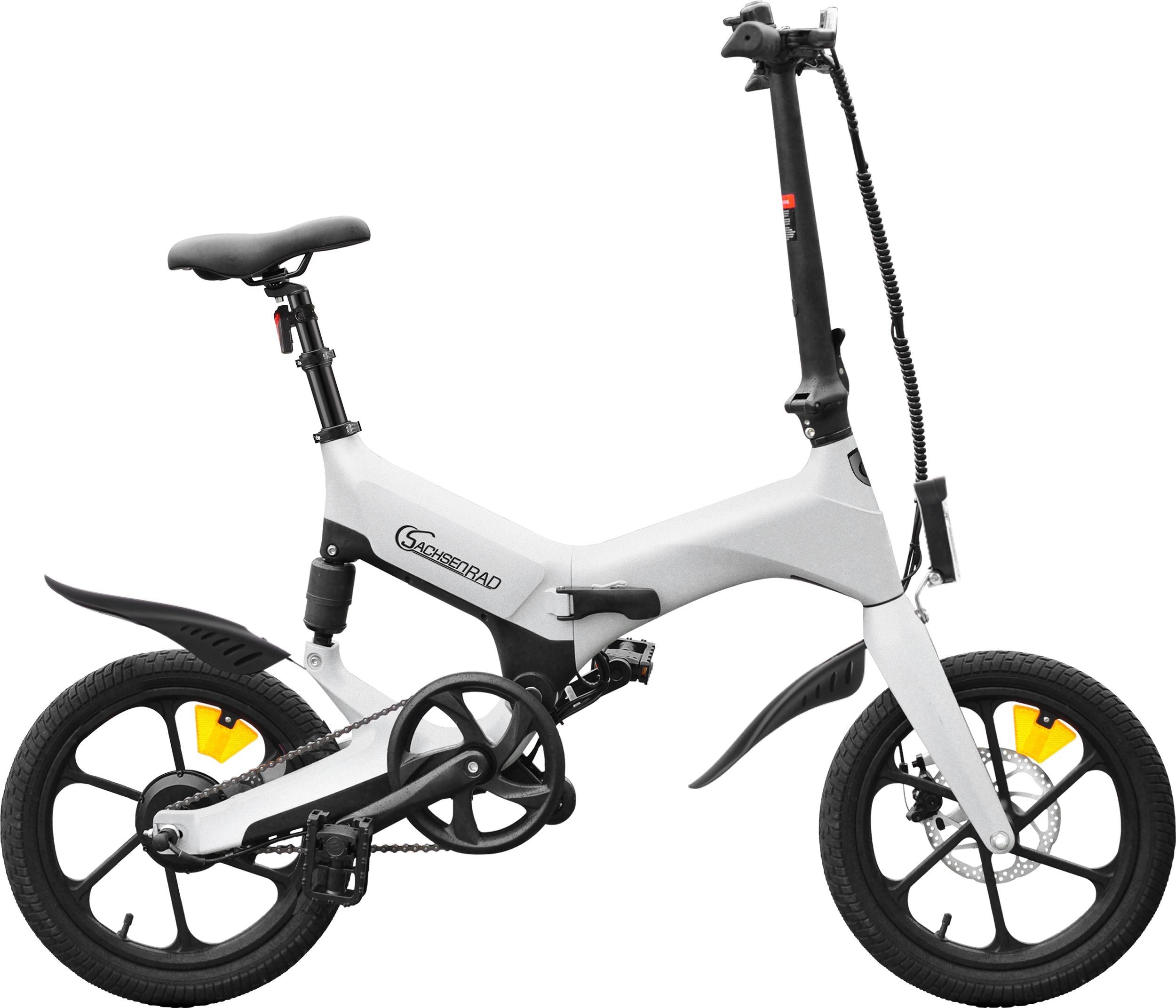 Das SachsenRAD E-Bike Faltrad F12 ist ein Klapprad, das sich ausgezeichnet als Citybike einsetzen und sich wunderbar im ÖPNV transportieren lässt. Das 16 Zoll Folding eBike