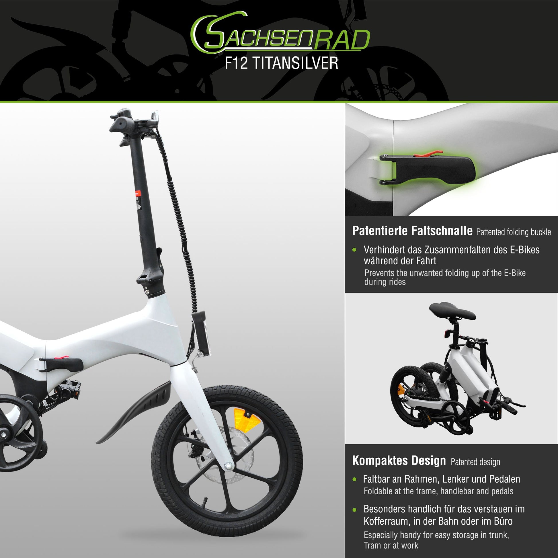 Das SachsenRAD E-Bike Faltrad F12 ist ein Klapprad, das sich ausgezeichnet als Citybike einsetzen und sich wunderbar im ÖPNV transportieren lässt. Das 16 Zoll Folding eBike