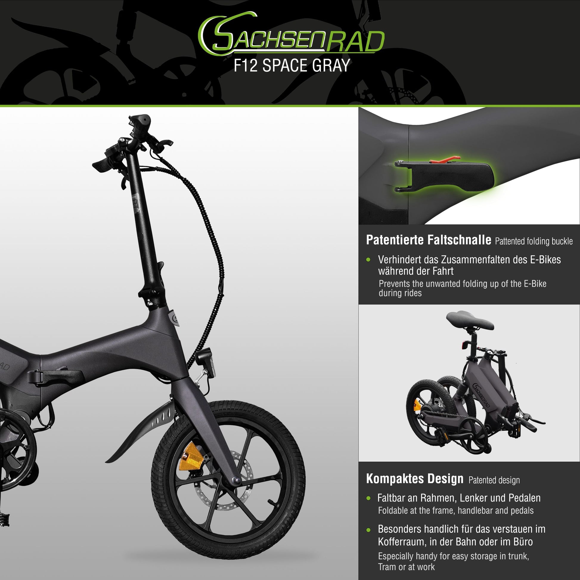sachsenrad e-bike faltrad folding race bike f12 klapprad 16 zoll Das SachsenRAD E-Bike Faltrad F12 ist ein Klapprad, das sich ausgezeichnet als Citybike einsetzen und sich wunderbar im ÖPNV transportieren lässt. Das 16 Zoll Folding eBike