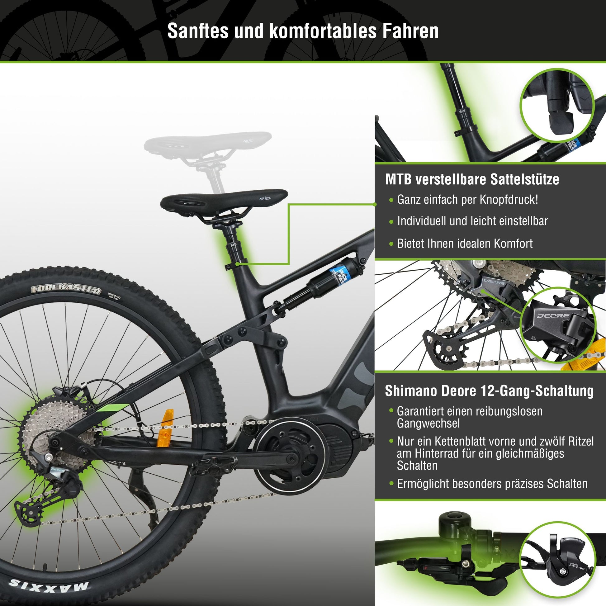 mountainbike individuell Das SachsenRAD E-MTB M5 ist ein Mountainbike E-Bike mit 110Nm starken Mittelmotor, gigantischem 720Wh Akku, Top-Bremsen von Magura, Maxxis Off-Road-Reifen, 12-Gang-Shimano Schaltung für Spaß in Berge, Gelände, Downhill