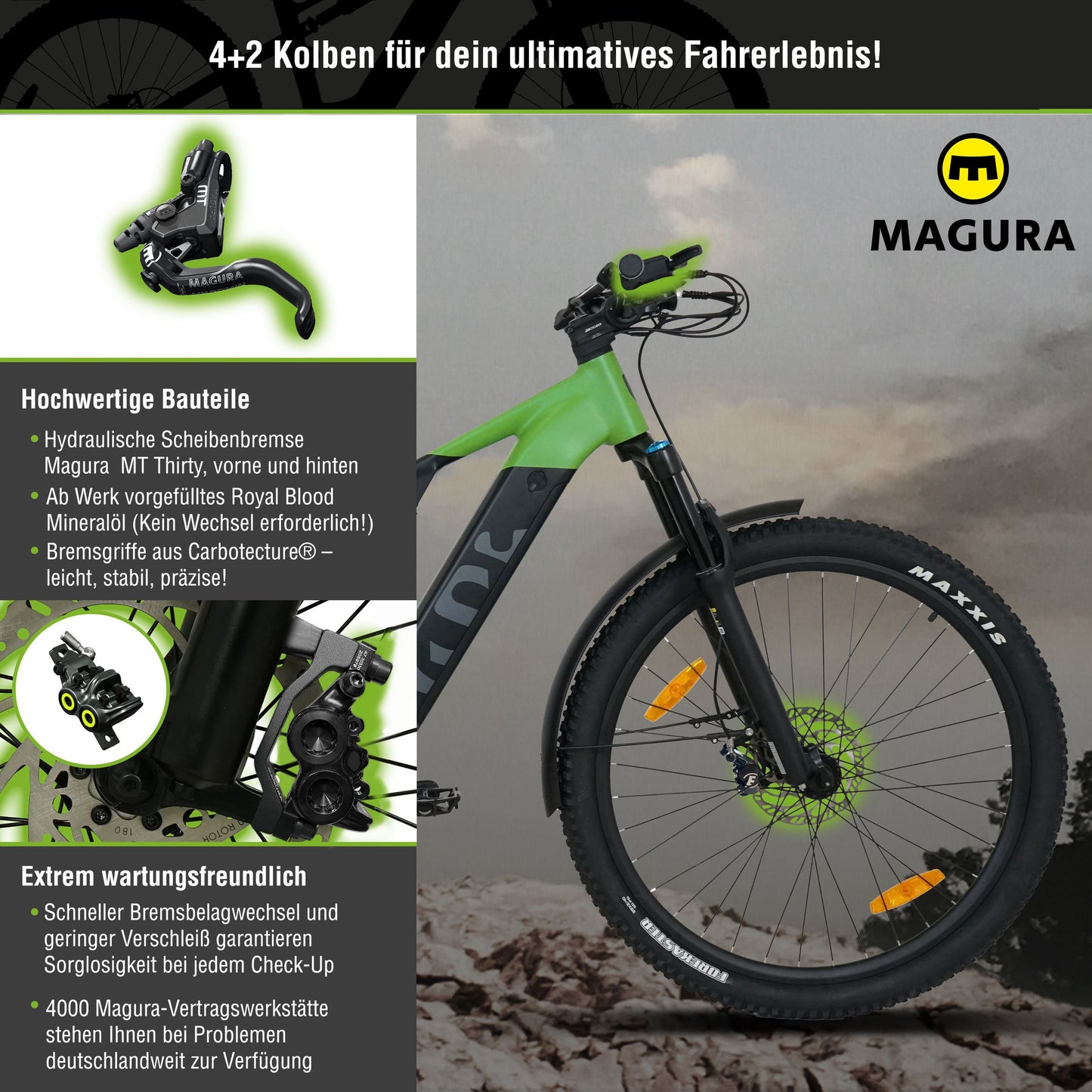 Das SachsenRAD E-MTB M5 ist ein Mountainbike E-Bike mit 110Nm starken Mittelmotor, gigantischem 720Wh Akku, Top-Bremsen von Magura, Maxxis Off-Road-Reifen, 12-Gang-Shimano Schaltung für Spaß in Berge, Gelände, Downhill