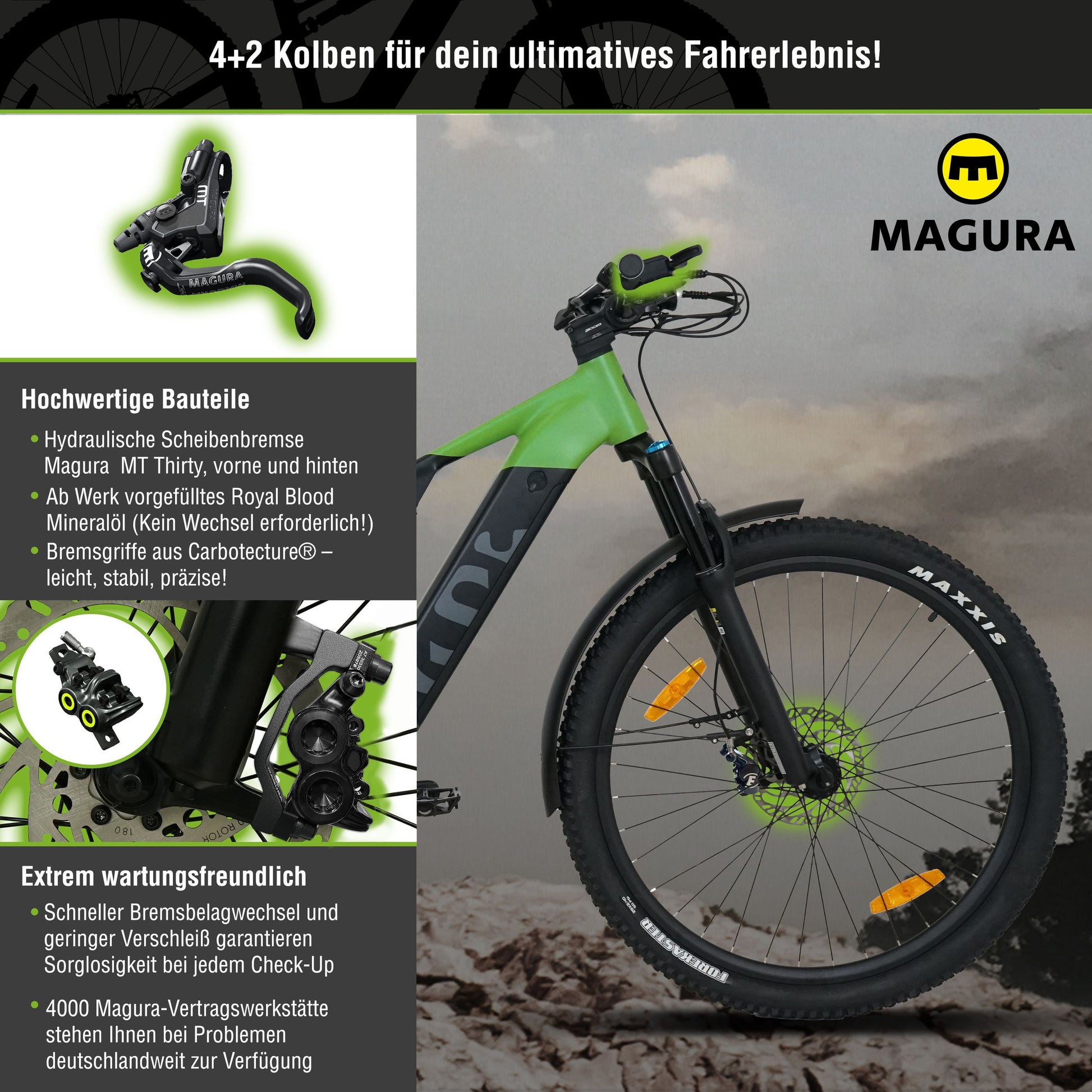Das SachsenRAD E-MTB M5 ist ein Mountainbike E-Bike mit 110Nm starken Mittelmotor, gigantischem 720Wh Akku, Top-Bremsen von Magura, Maxxis Off-Road-Reifen, 12-Gang-Shimano Schaltung für Spaß in Berge, Gelände, Downhill