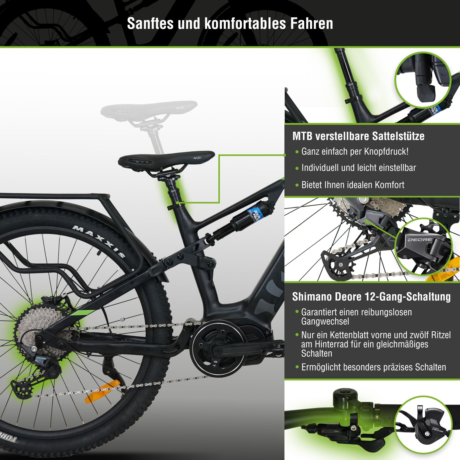 Das SachsenRAD E-MTB M5T ist ein E-SUV E-Bike mit 110Nm starken Mittelmotor, gigantischem 720Wh Akku, Top-Bremsen von Magura, Maxxis Off-Road-Reifen, 12-Gang-Shimano Schaltung für Spaß in Berge, Gelände, Downhill