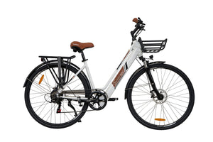Open image in slideshow, E-Citybike SachsenRAD C1 Neo weiß E-City-Bike Seitenansicht rechts mit Gepäckträger Akku integriert
